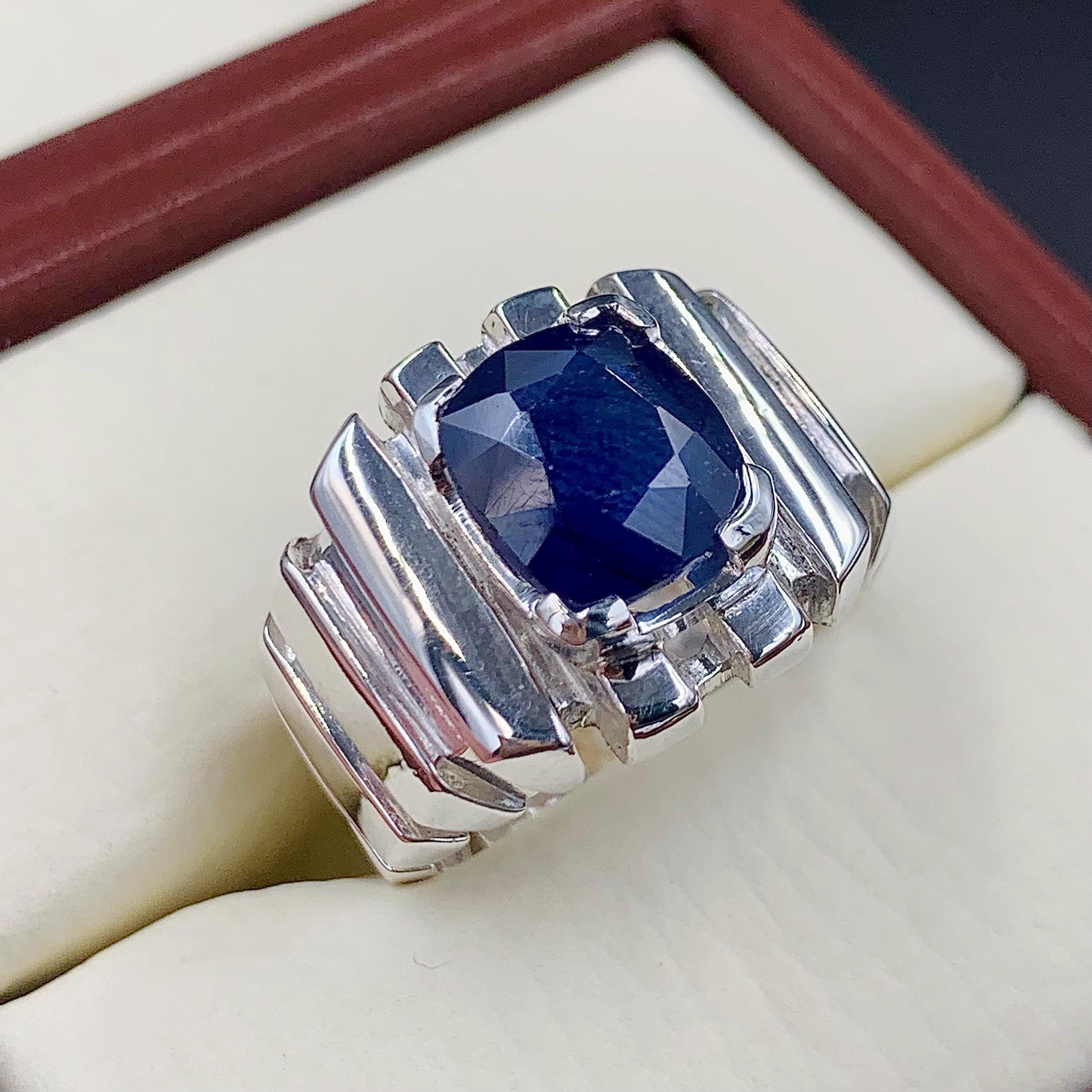 Handcrafted Mens Sapphire Ring, Blue Sapphire Ring, Natural Sapphire 925 Sterling Silver Ring, Neelam Ring