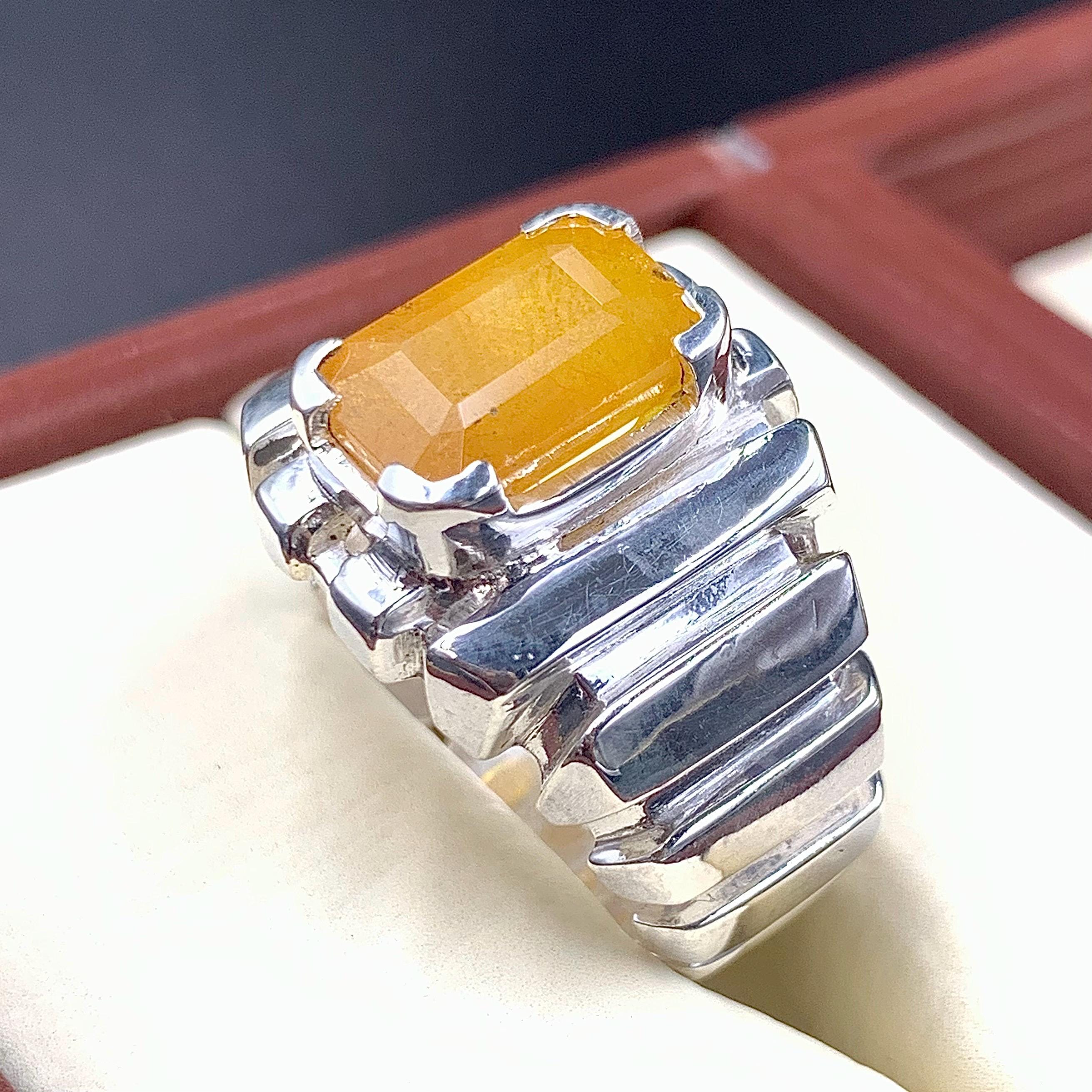 Handcrafted Emerald Cut Yellow Sapphire Ring, Mens Sapphire Ring, Natural Sapphire 925 Sterling Silver Ring, Pukhraj Ring