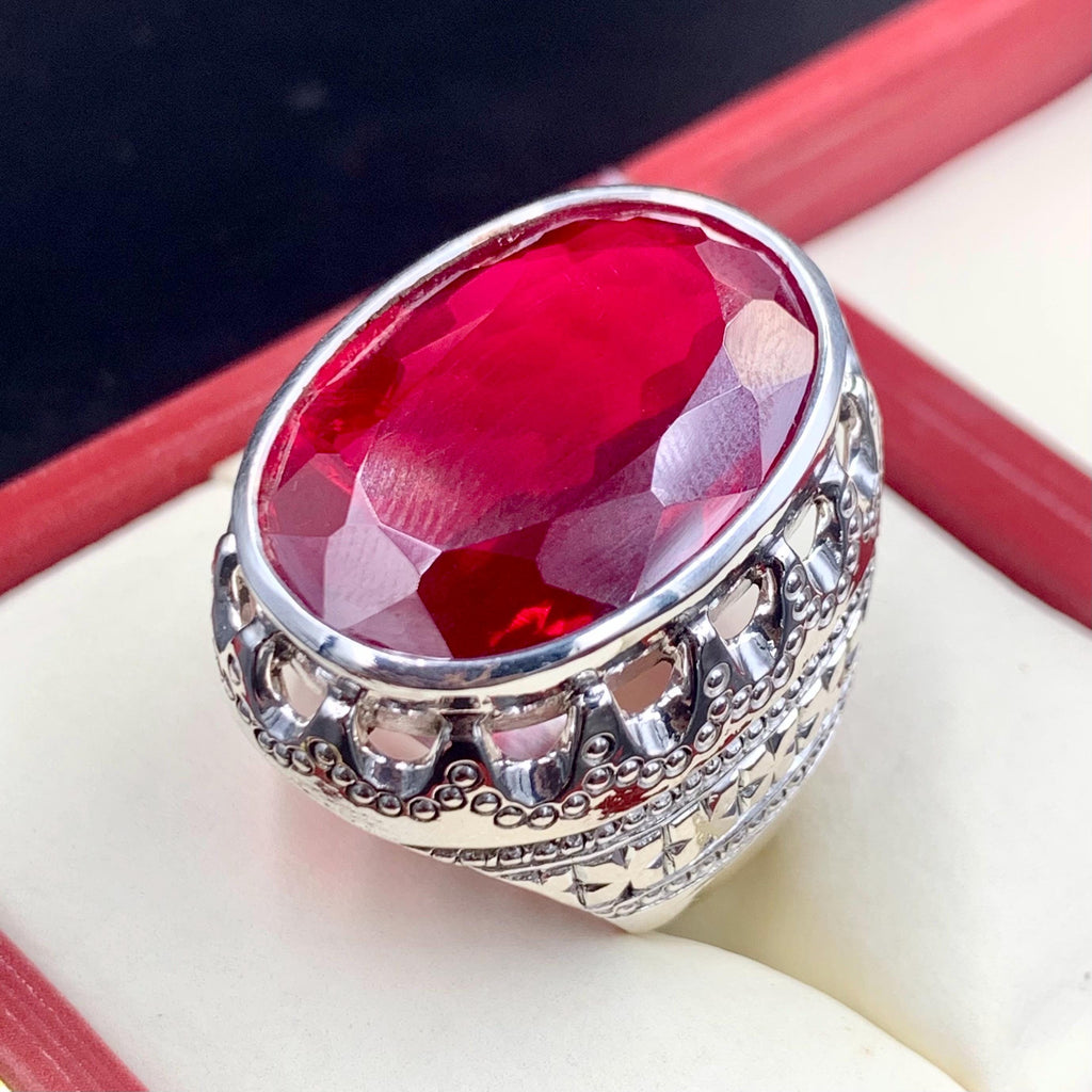 Handcrafted 40 Carats Deep Red Ruby Mens Ring Sterling Silver 925 Anari Yaqoot Ring Ruby Gemstone Ring