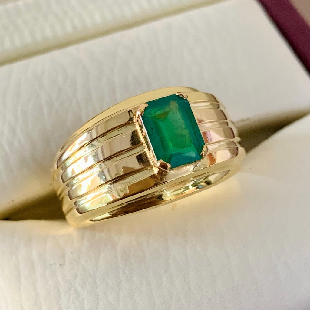 Handcrafted 14k Gold Mens Emerald Ring, Emerald Engagement Ring, Solid Gold Ring For Men