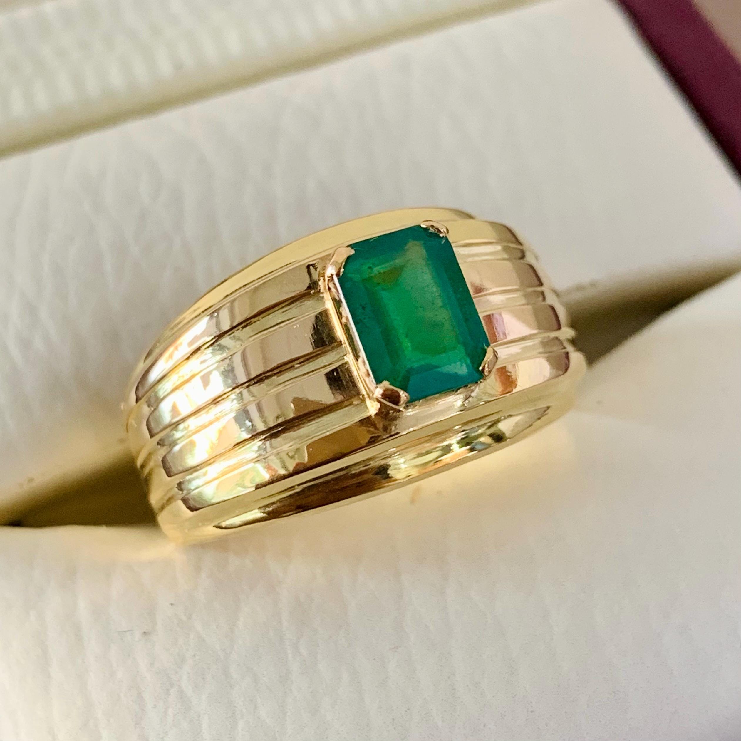 Handcrafted 14k Gold Mens Emerald Ring, Emerald Engagement Ring, Solid Gold Ring For Men