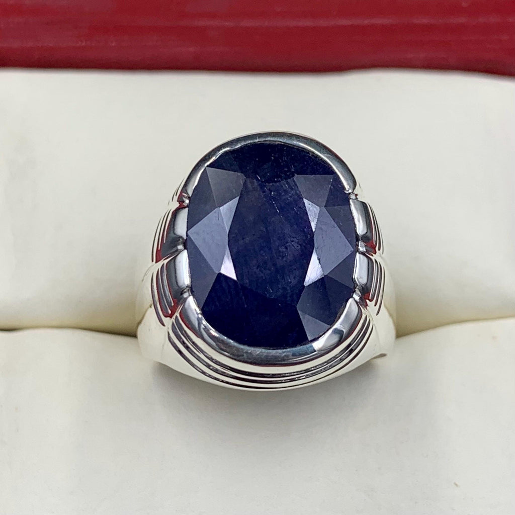 Handcrafted Big Blue Sapphire Ring, Mens Sapphire Ring, Natural Sapphire 925 Sterling Silver Ring, Neelam Ring