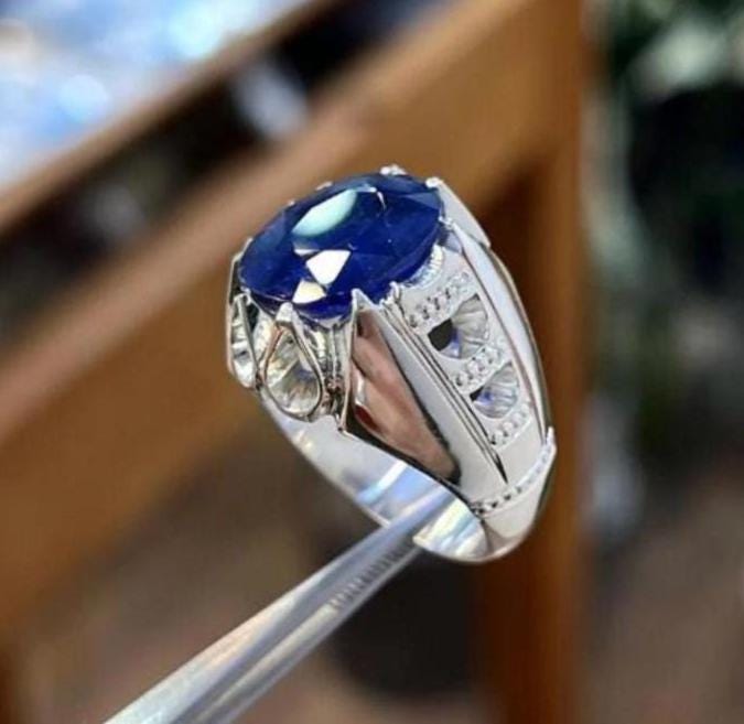 Handcrafted Big Blue Sapphire Ring, Mens Sapphire Ring, Natural Sapphire 925 Sterling Silver Ring, Neelam Ring