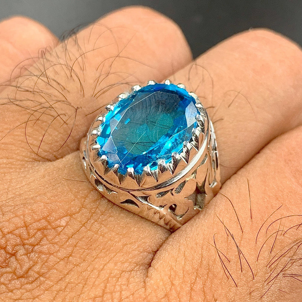 Handcrafted Blue Topaz Ring For Men, 925 Sterling Silver Topaz Stone Ring, Man Made Topaz Ring