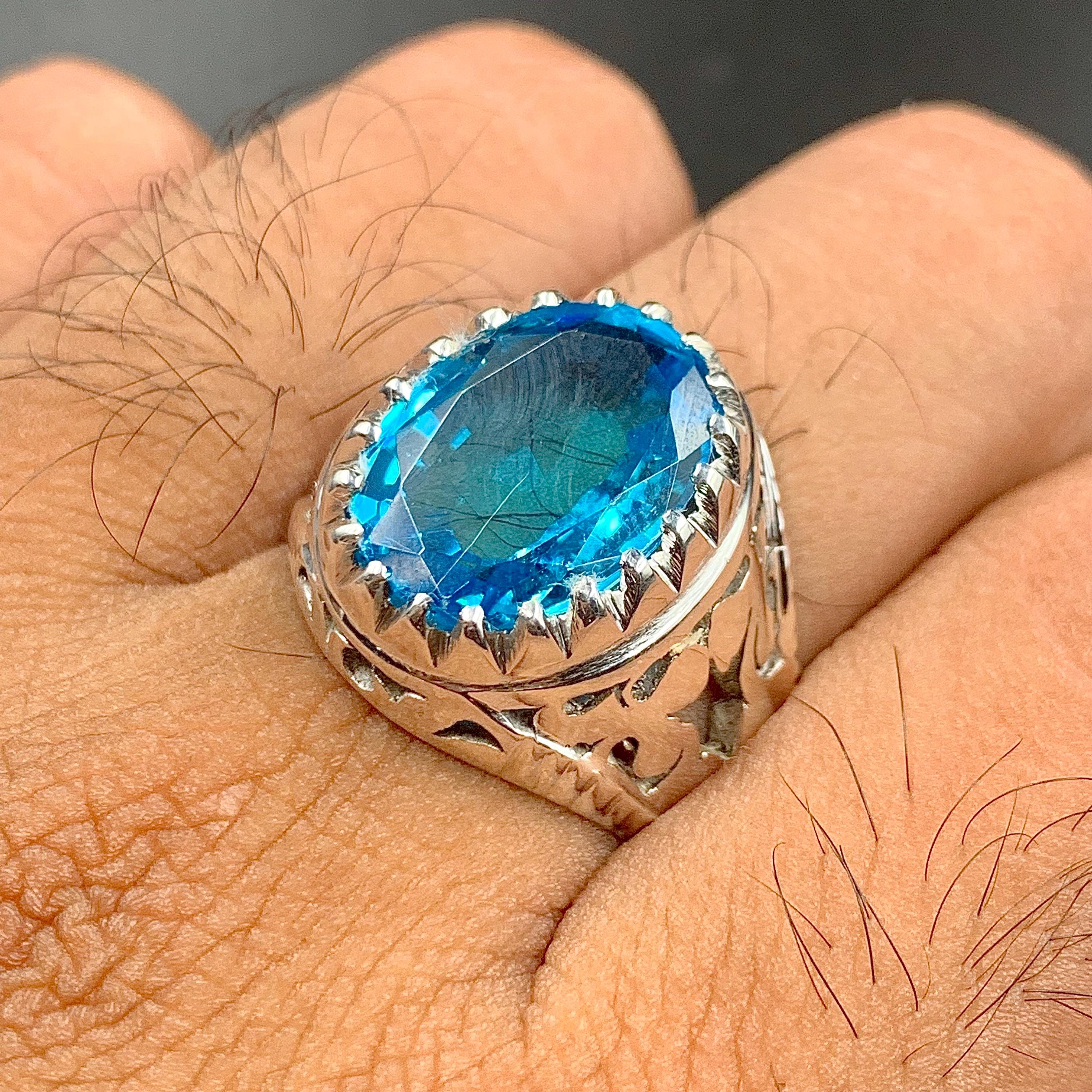 Handcrafted Blue Topaz Ring For Men, 925 Sterling Silver Topaz Stone Ring, Man Made Topaz Ring