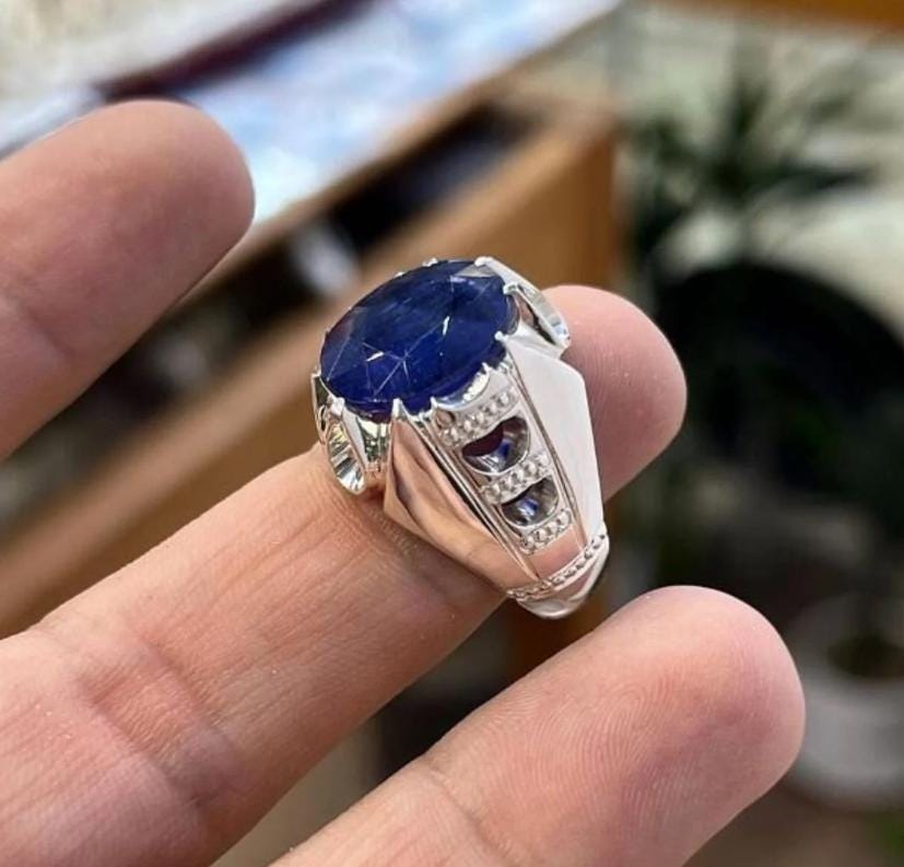 Handcrafted Big Blue Sapphire Ring, Mens Sapphire Ring, Natural Sapphire 925 Sterling Silver Ring, Neelam Ring