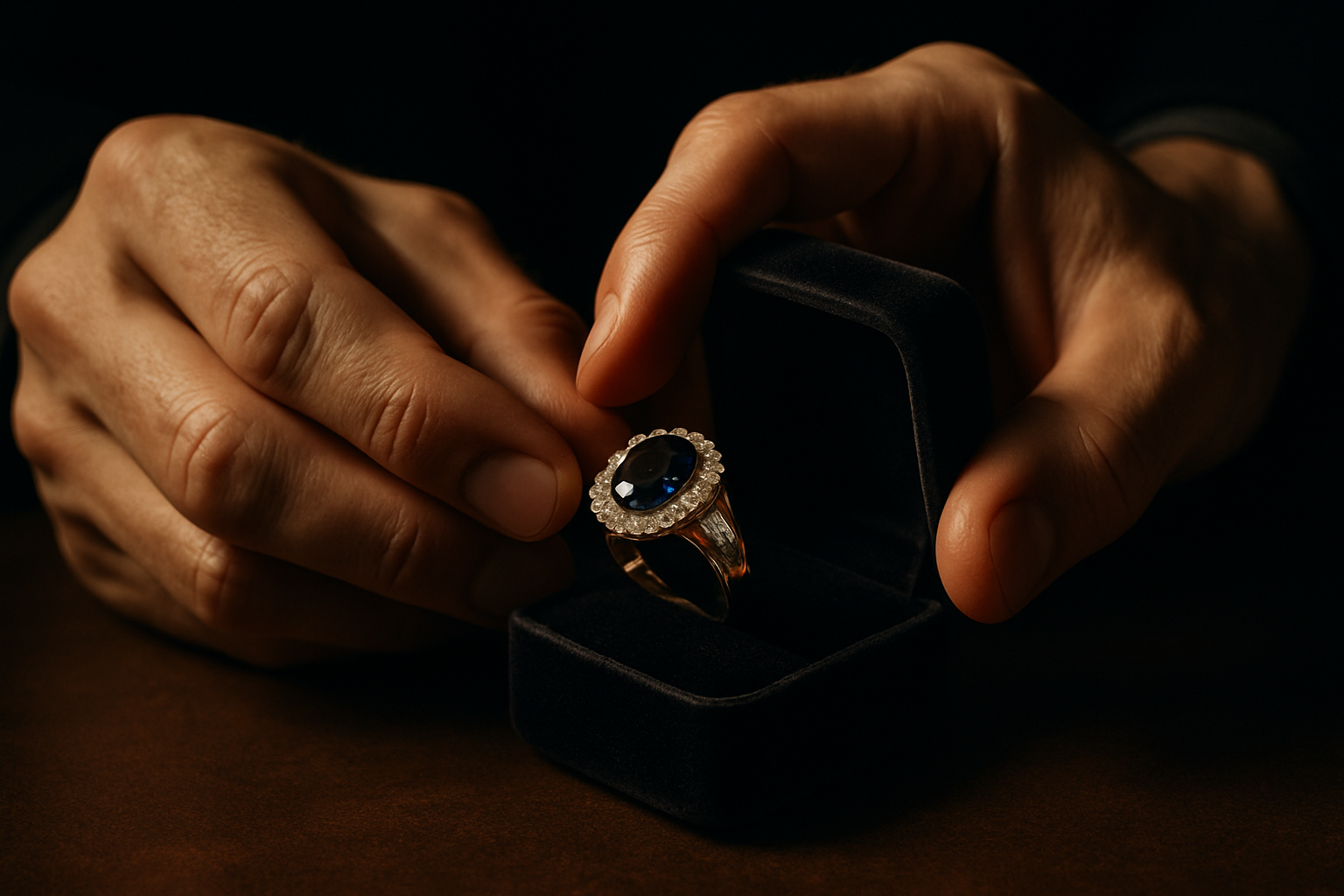 Close-up of male hands placing a gemstone ring into a luxury black velvet box, cinematic lighting, high-end jewelry commercial style