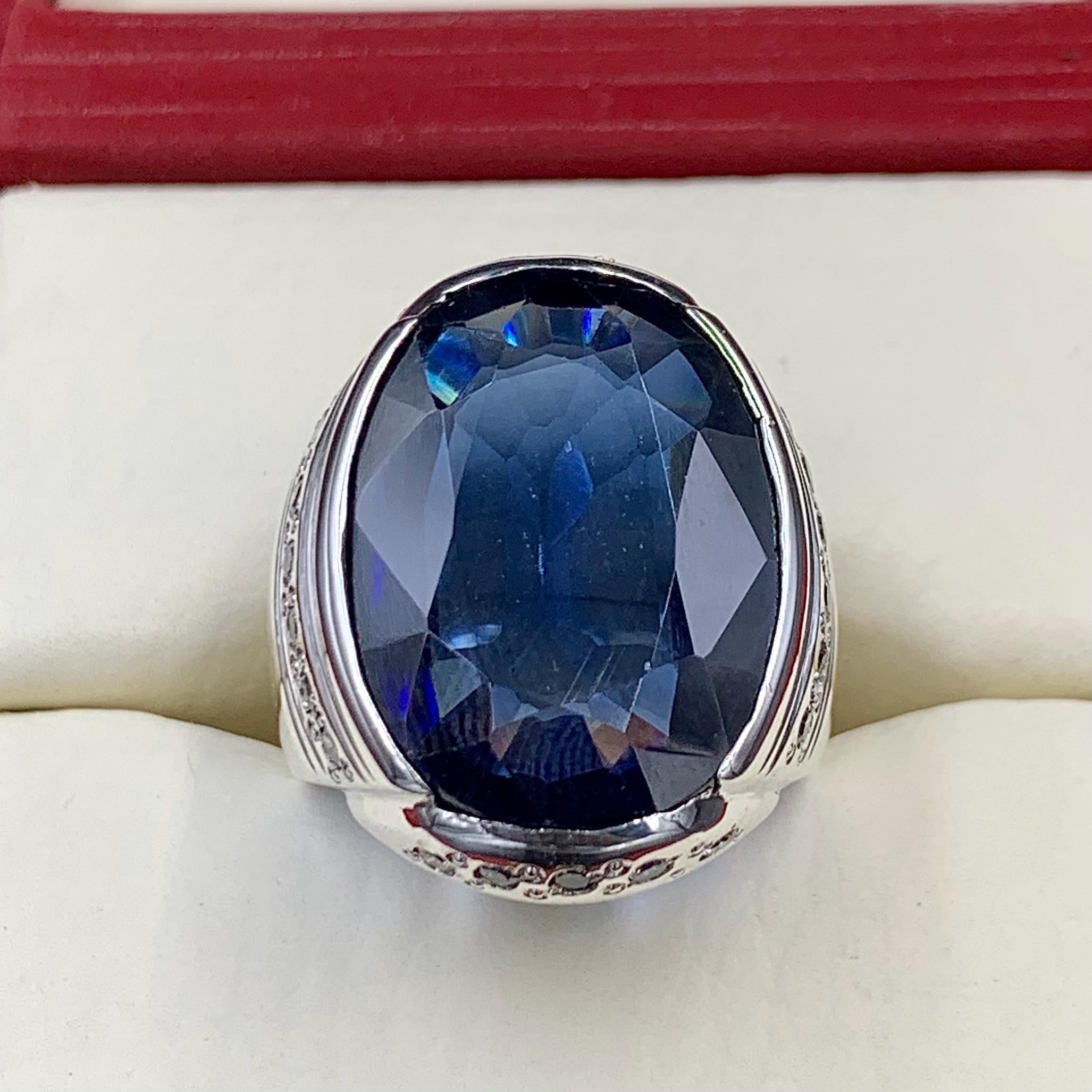 Handcrafted Big Blue Sapphire Ring, Mens Sapphire Ring, Sapphire 925 Sterling Silver Ring, Neelam Ring
