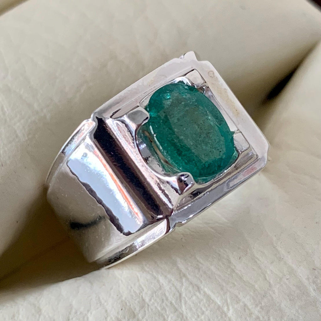 Handcrafted Mens Emerald Ring, Natural Emerald 925 Sterling Silver Ring, Zamurd Ring For Men