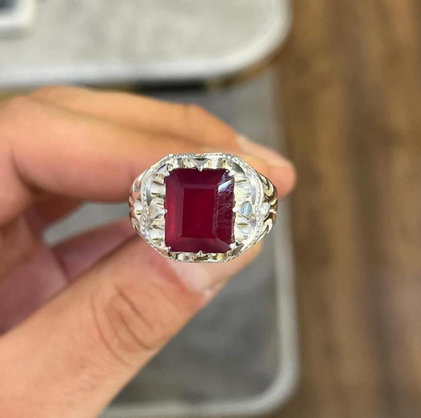 Handcrafted Emerald Cut Ruby Ring, Natural Ruby Sterling Silver 925 Yaqoot Ring Roby Gemstone Ring