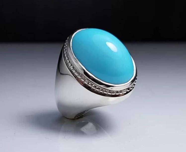 Handcrafted Big Turquoise Ring, 925 Sterling Silver For Men, Natural Feroza Ring, Shia Ring