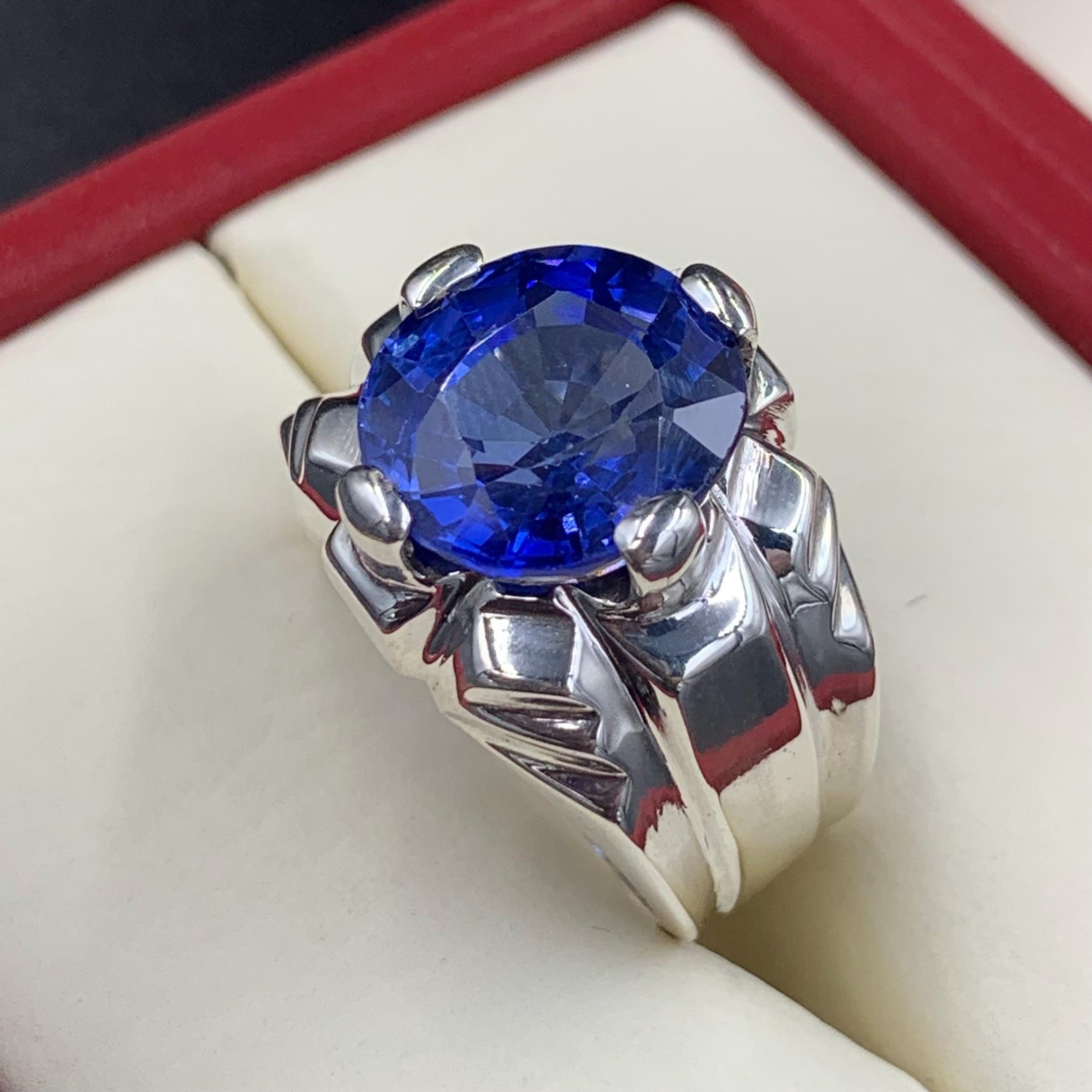 Handcrafted Big Blue Sapphire Ring, Mens Sapphire Ring, Sapphire 925 Sterling Silver Ring, Neelam Ring