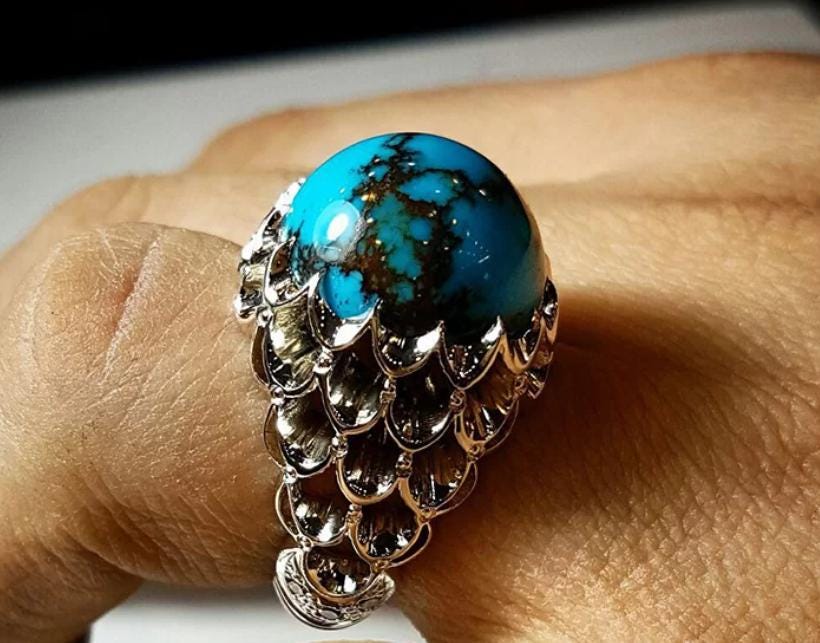 Handcrafted Big Turquoise Ring, 925 Sterling Silver For Men, Natural Shajri Feroza Ring, Shia Ring