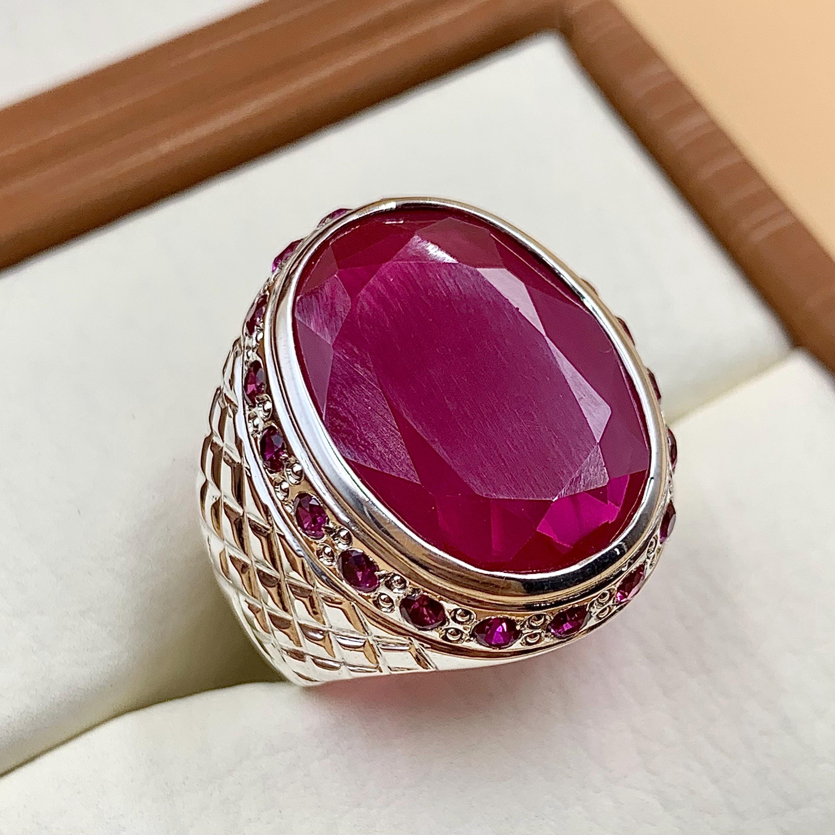 Handcrafted Big Deep Red Ruby Mens Ring Sterling Silver 925 Anari Yaqoot Ring Roby Gemstone Ring