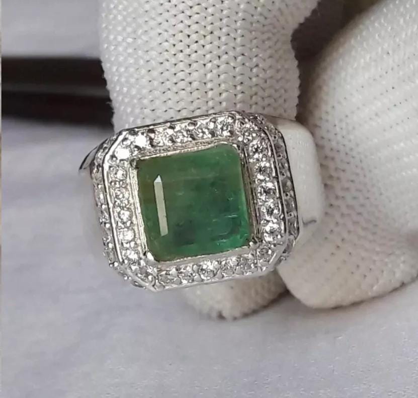 Handcrafted Genuine Green Emerald Men's Ring, 925 Sterling Silver Ring, - Statement Ring, Gift For Christmas