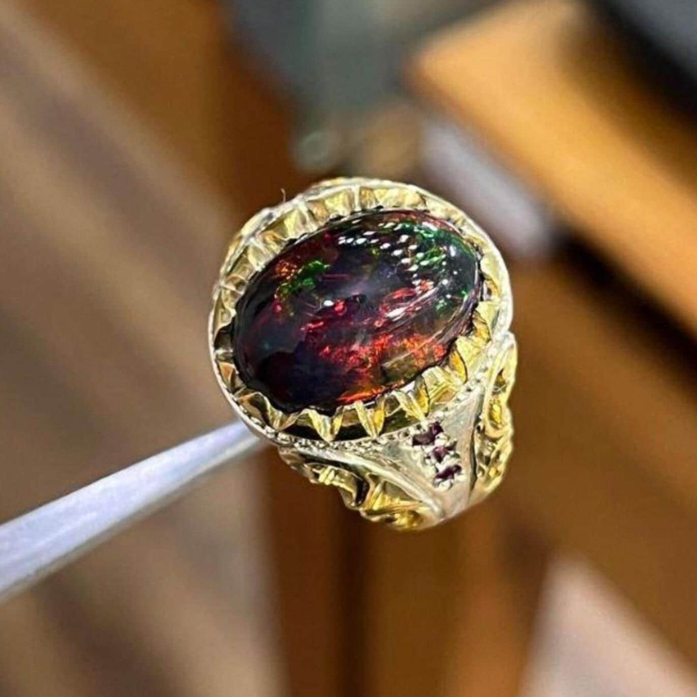 Handcrafted Gold Plated Natural Ethiopian Fire Black Opal Stone Sterling Silver Ring AAA Quality Opal Ring
