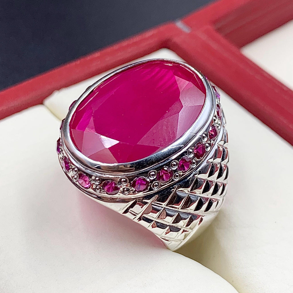 Handcrafted Big Deep Red Ruby Mens Ring Sterling Silver 925 Anari Yaqoot Ring Roby Gemstone Ring