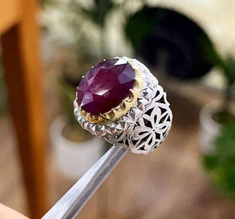 Handcrafted 12 Carats Real Ruby Ring, Natural Ruby Gold Plated Sterling Silver 925 Yaqoot Ring Roby Gemstone Ring