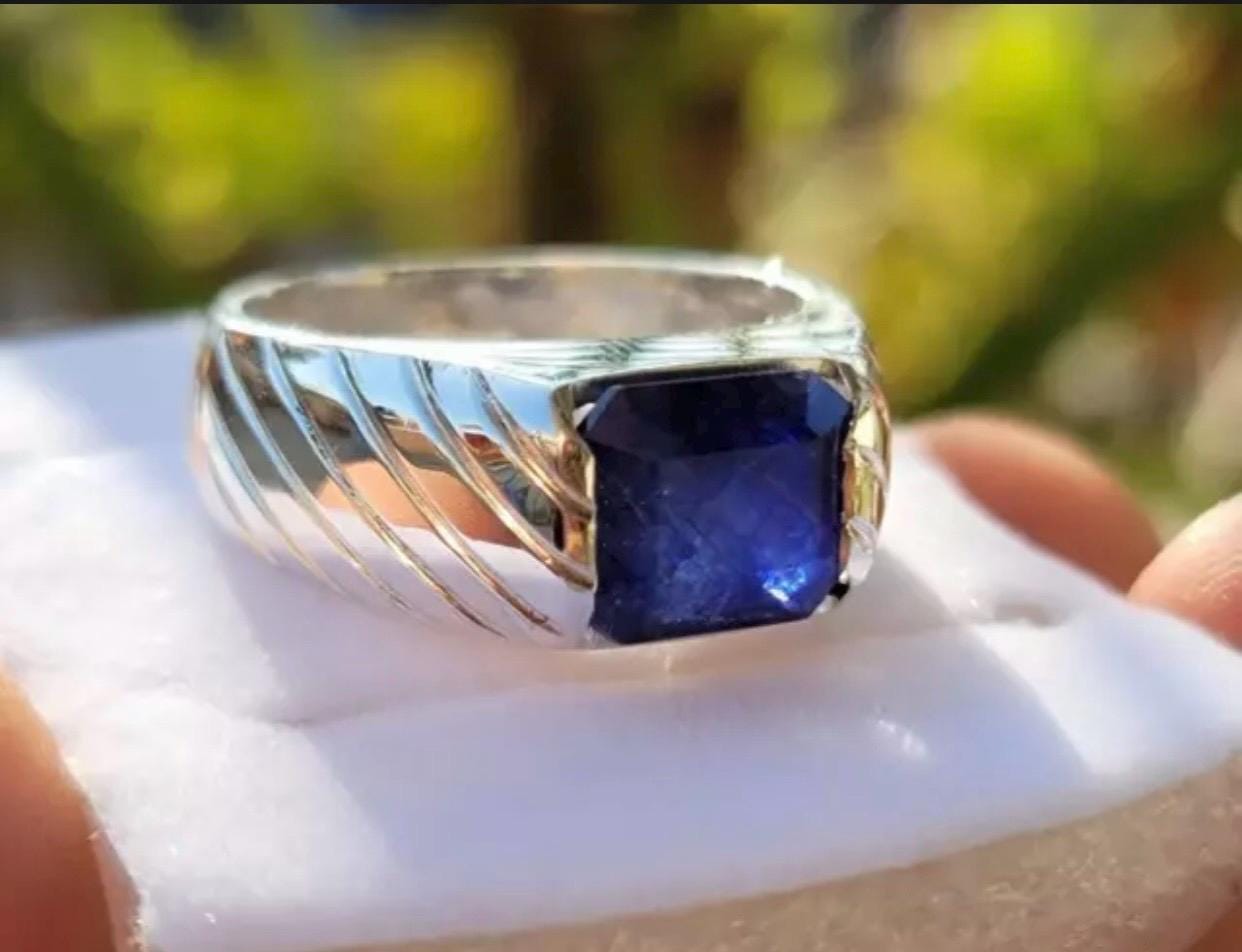Handcrafted 6 Carats Emerald Cut Sapphire Ring, Blue Sapphire Ring, Natural Sapphire 925 Sterling Silver Ring, Neelam Ring