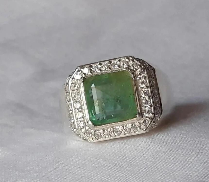 Handcrafted Genuine Green Emerald Men's Ring, 925 Sterling Silver Ring, - Statement Ring, Gift For Christmas