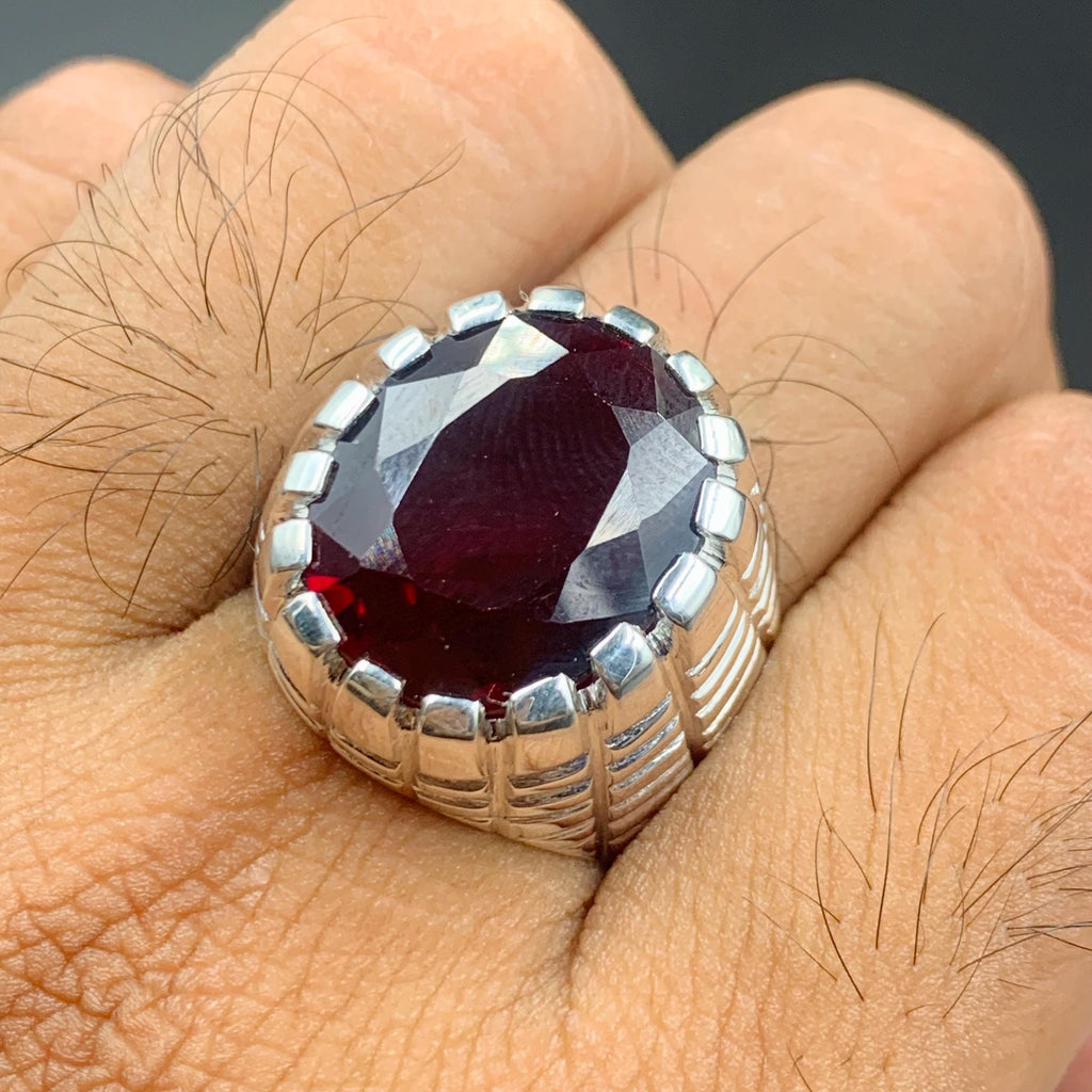 Handcrafted Mens Garnet Ring, Red Garnet 925 Sterling Silver Ring, Garnet Ring