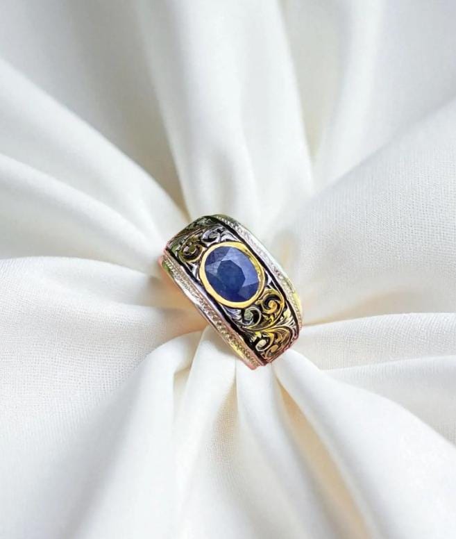 Handcrafted Mens Sapphire Ring, Blue Sapphire Ring, Natural Sapphire 925 Sterling Silver Ring, Neelam Ring