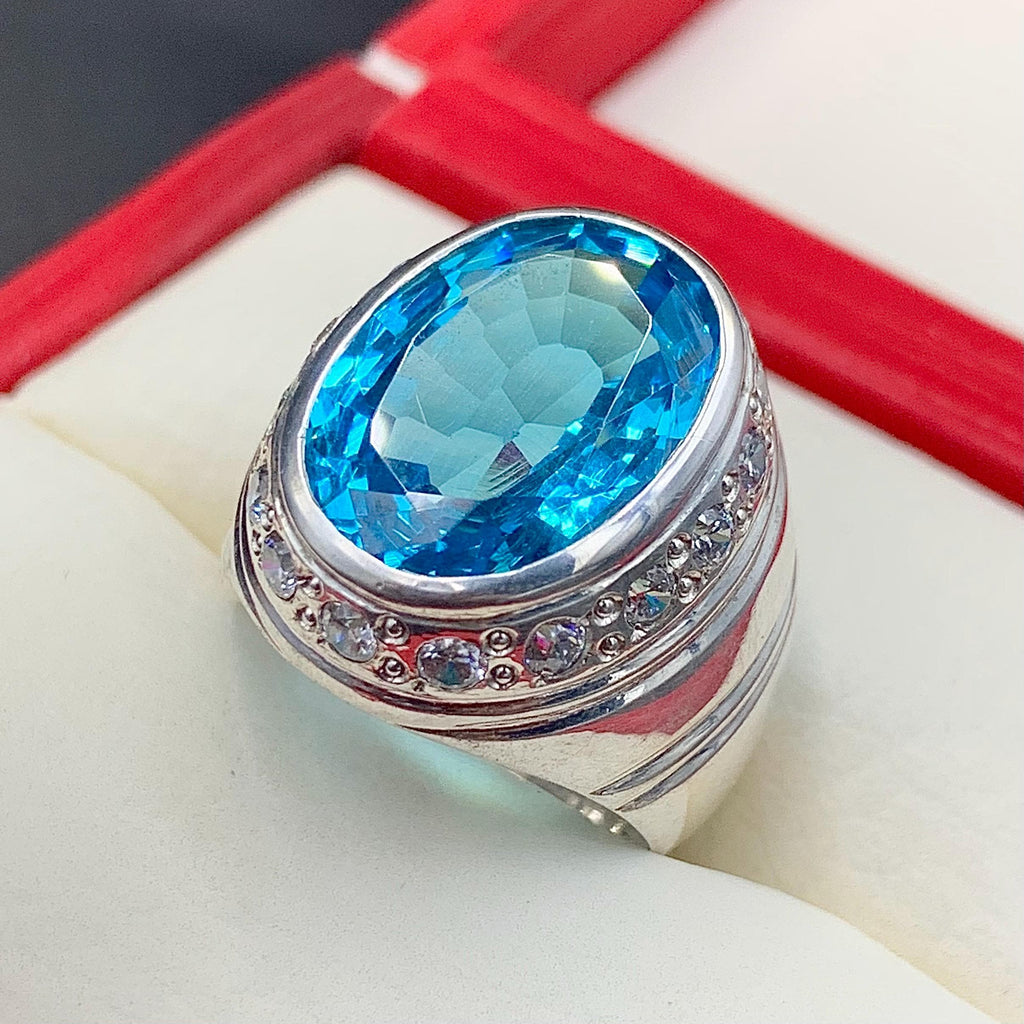 Handcrafted Blue Topaz Ring For Men, 925 Sterling Silver Topaz Stone Ring, Man Made Topaz Ring