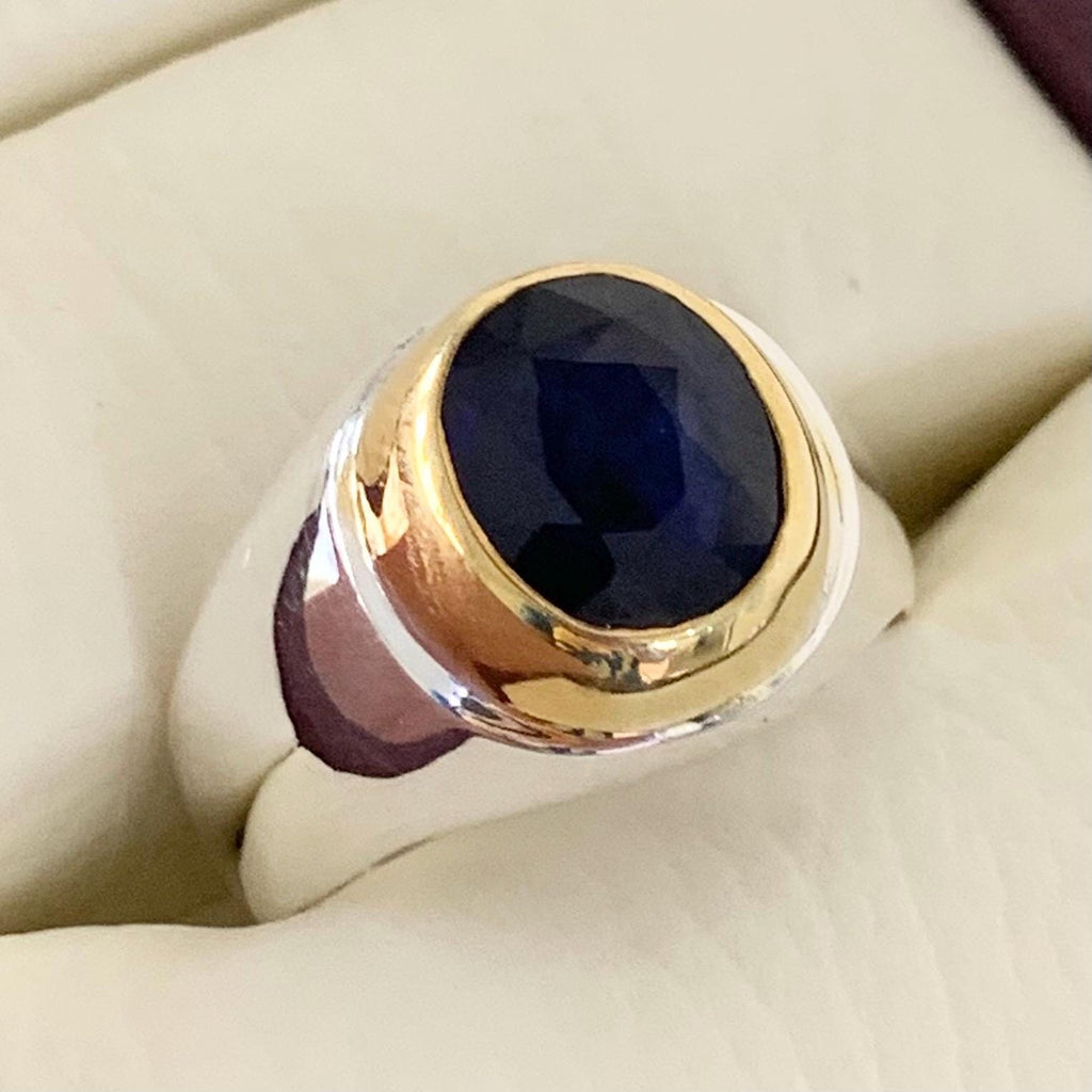 Handcrafted Mens Sapphire Ring, Blue Sapphire Gold Plated Natural Sapphire 925 Sterling Silver Ring, Neelam Ring