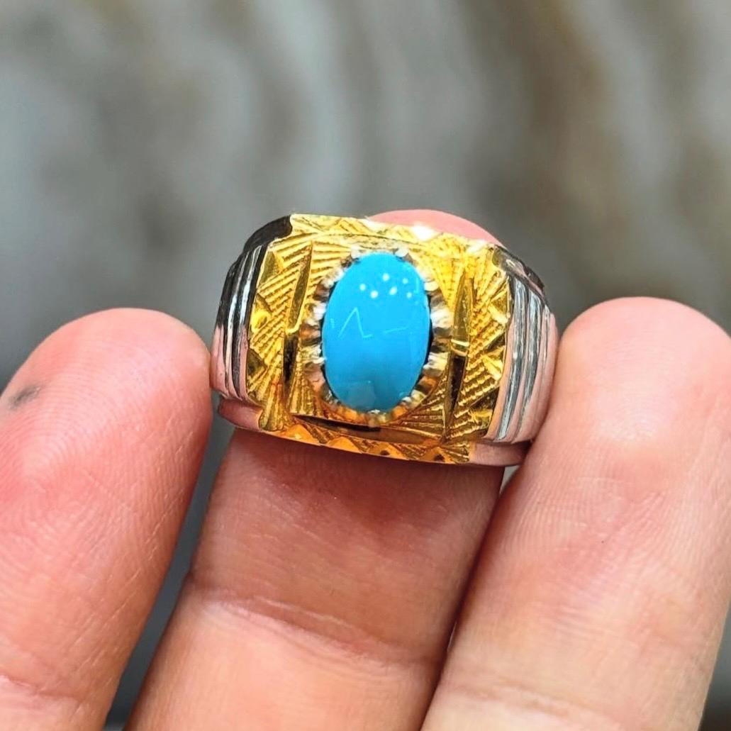Handcrafted Men Turquoise Ring, 925 Sterling Silver For Men, Natural Feroza Ring, Shia Ring