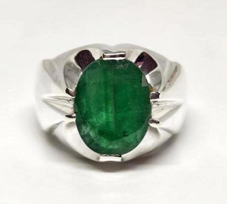 Handcrafted 8 Carats Mens Emerald Ring, Natural Beryl 925 Sterling Silver Ring, Zamurd Ring For Men