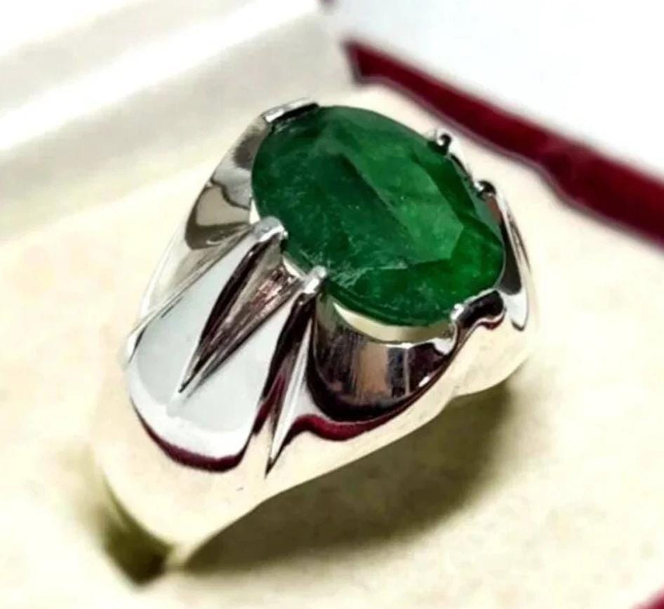 Handcrafted 8 Carats Mens Emerald Ring, Natural Beryl 925 Sterling Silver Ring, Zamurd Ring For Men