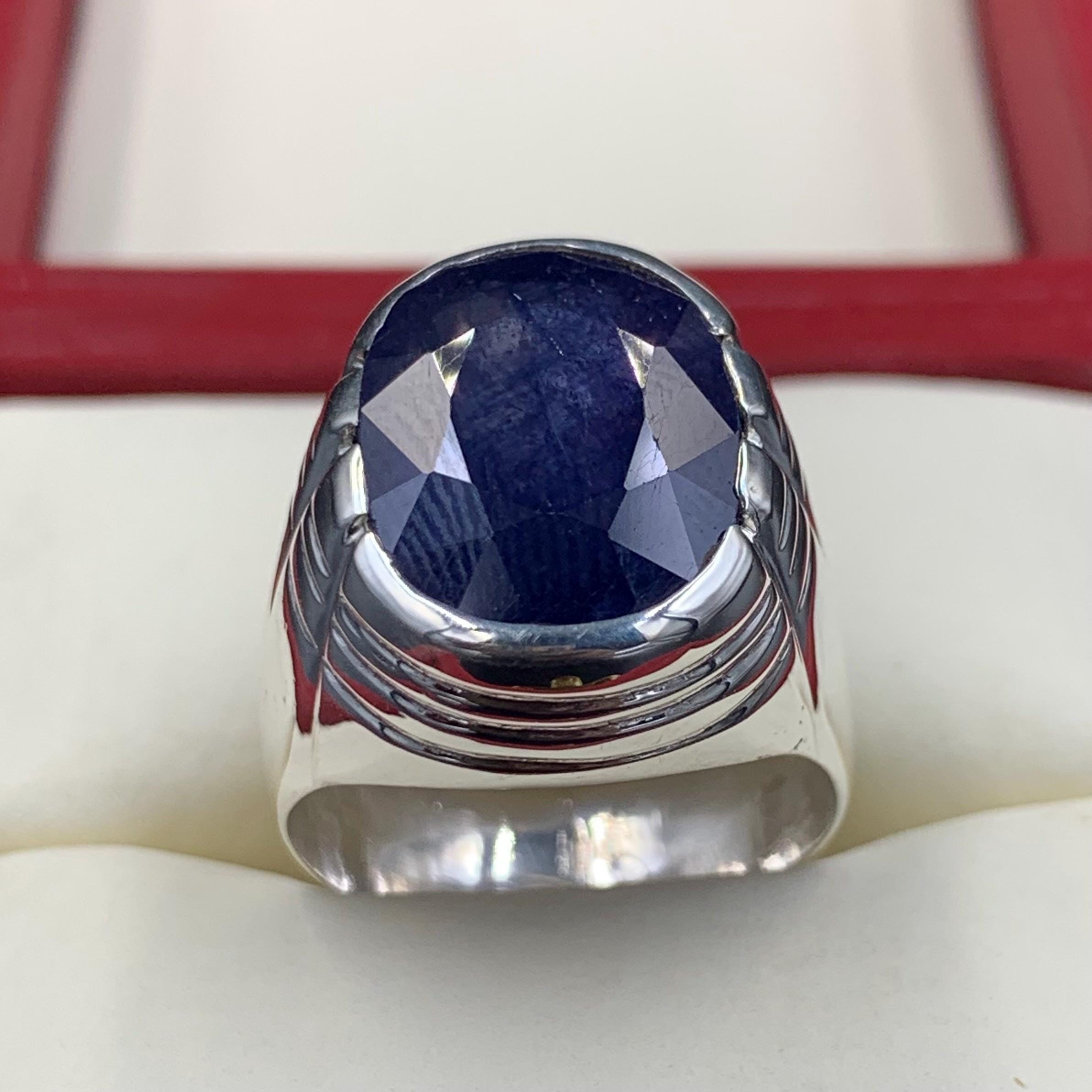 Handcrafted Big Blue Sapphire Ring, Mens Sapphire Ring, Natural Sapphire 925 Sterling Silver Ring, Neelam Ring