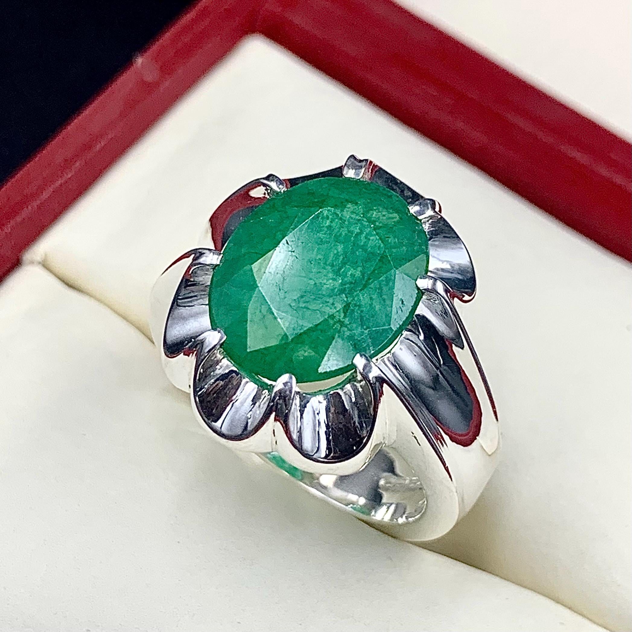 Handcrafted 12 Carats Mens Emerald Ring, Natural Beryl 925 Sterling Silver Ring, Zamurd Ring For Men