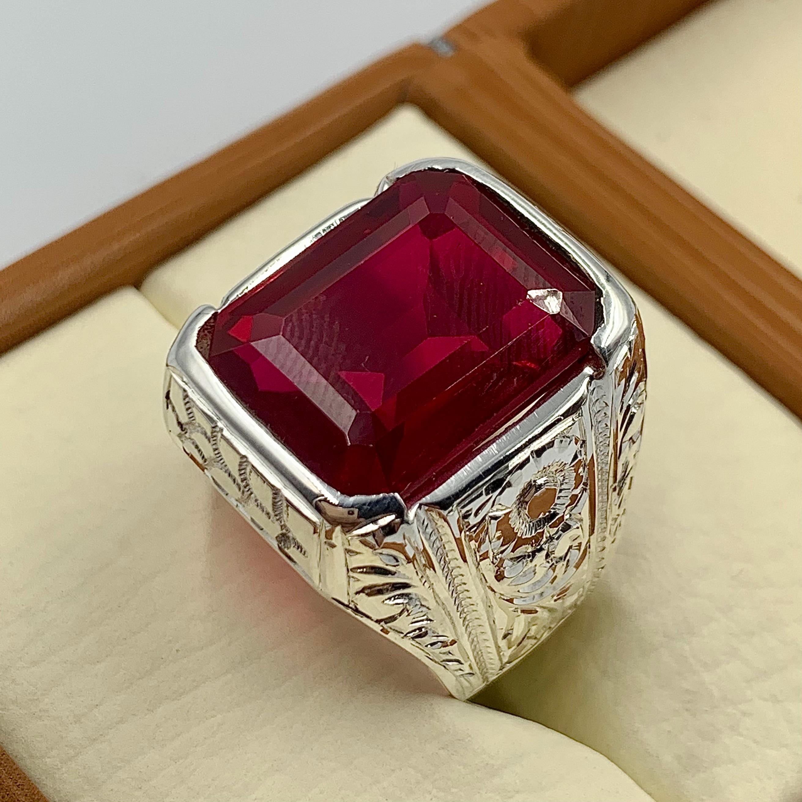 Handcrafted Big Deep Red Ruby Mens Ring Sterling Silver 925 Anari Yaqoot Ring Roby Gemstone Ring