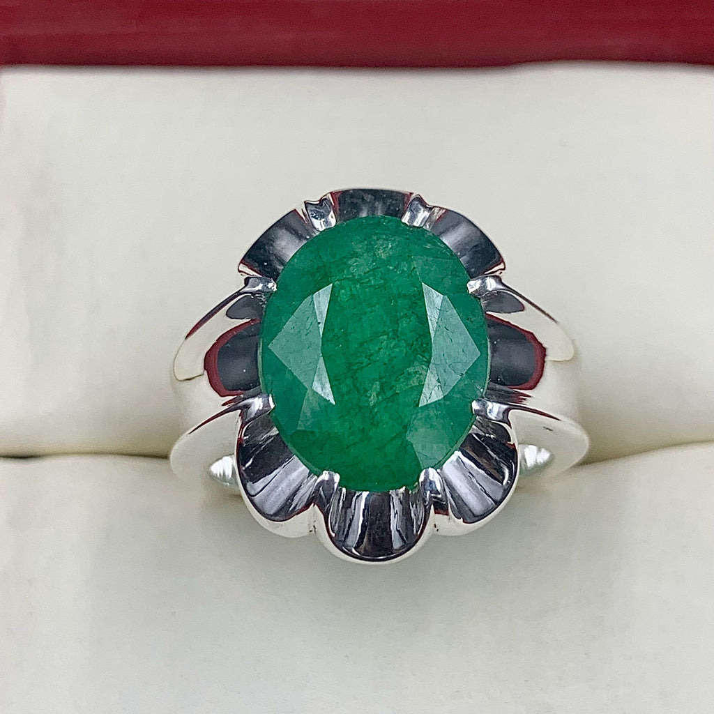 Handcrafted 12 Carats Mens Emerald Ring, Natural Beryl 925 Sterling Silver Ring, Zamurd Ring For Men