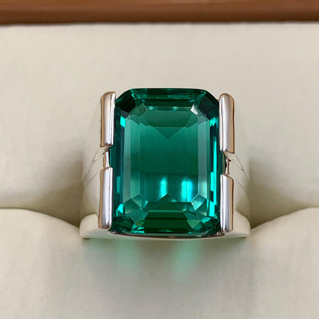 Handcrafted 12 Carat Rich Green Emerald Ring For Men, 925 Sterling Silver Emerald Stone Ring, Emerald Gemstone Ring