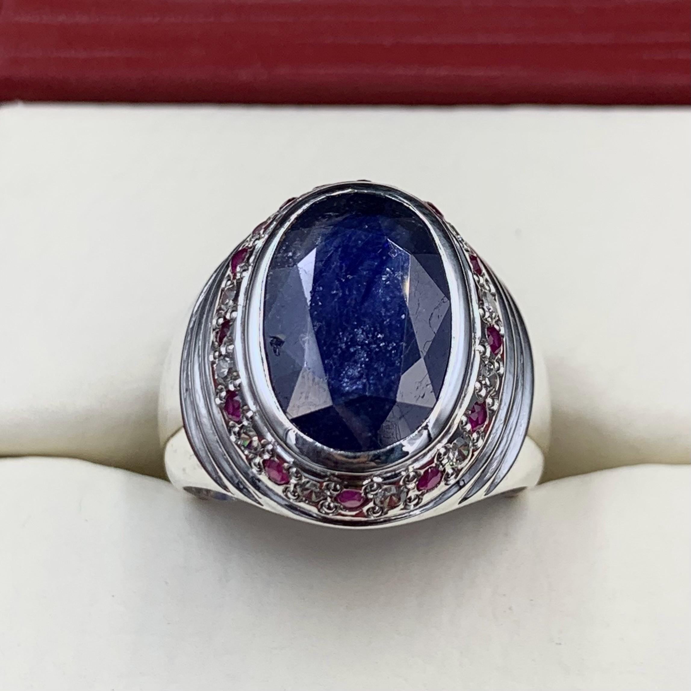Handcrafted Big Blue Sapphire Ring, Mens Sapphire Ring, Natural Sapphire 925 Sterling Silver Ring, Neelam Ring