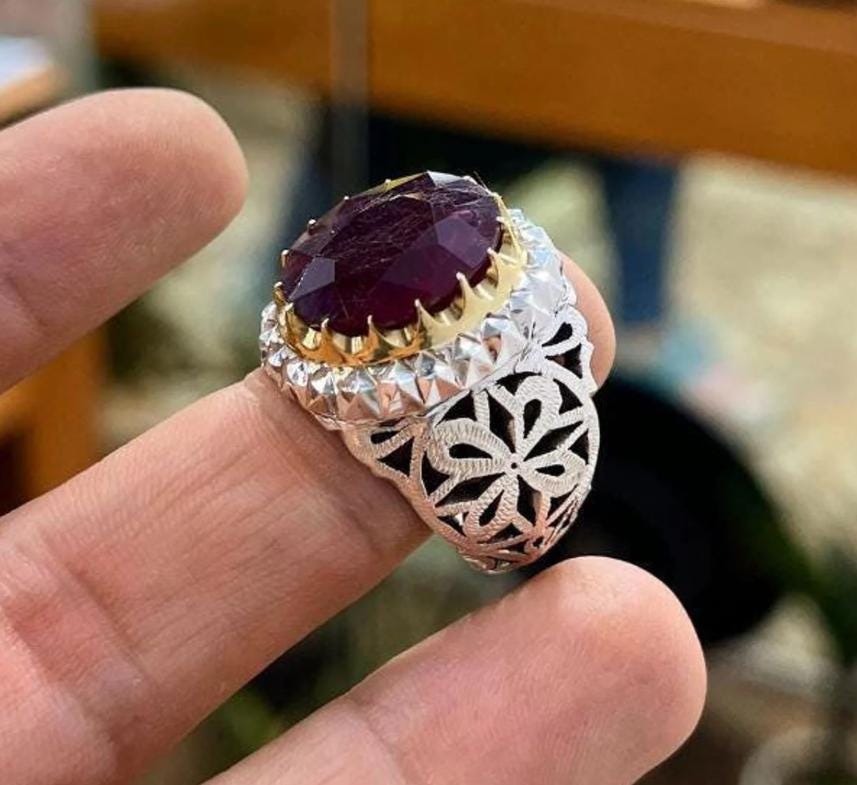 Handcrafted 12 Carats Real Ruby Ring, Natural Ruby Gold Plated Sterling Silver 925 Yaqoot Ring Roby Gemstone Ring