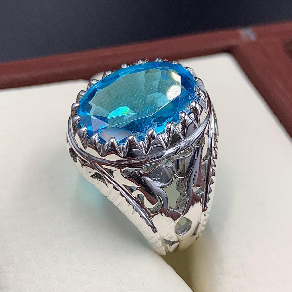 Handcrafted Blue Topaz Ring For Men, 925 Sterling Silver Topaz Stone Ring, Man Made Topaz Ring