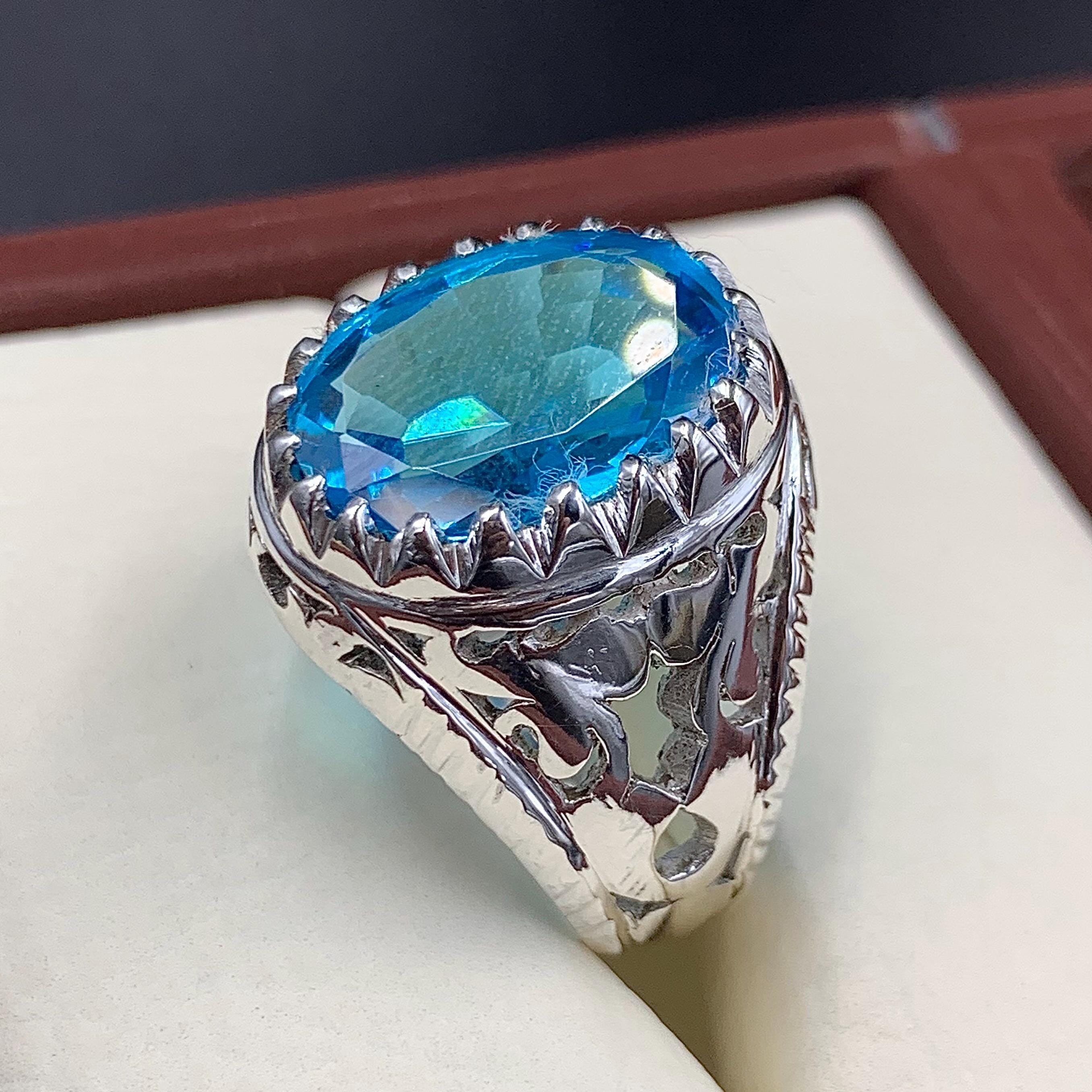 Handcrafted Blue Topaz Ring For Men, 925 Sterling Silver Topaz Stone Ring, Man Made Topaz Ring