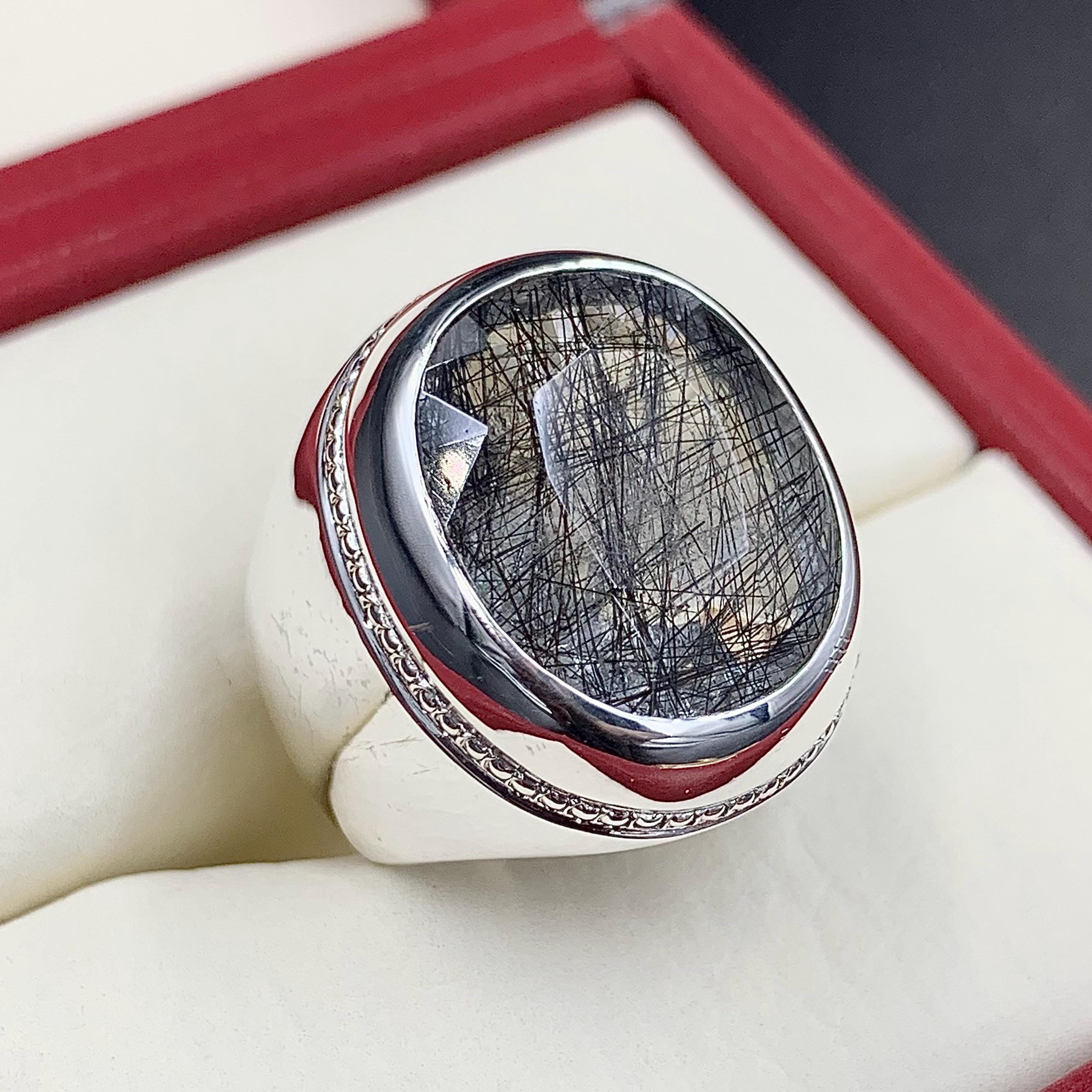 Handcrafted Big Black Rutilated Quartz 925 Sterling Silver Ring, Natural MuheNajaf Ring For Men, Shia Ring