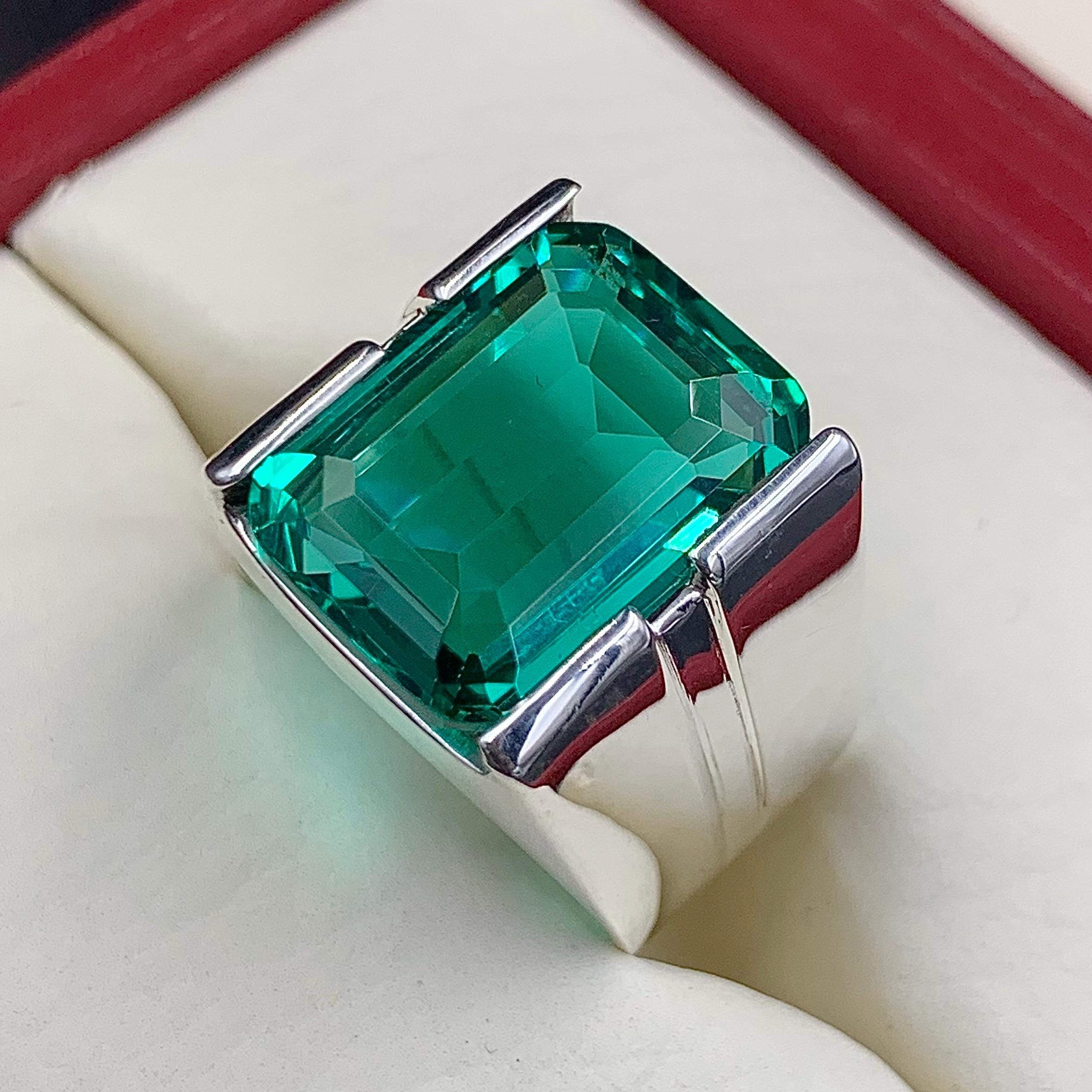 Handcrafted Emerald Cut 12 Carat Rich Green Emerald Mens Square Shape Ring Sterling Silver 925 Zamurd Ring