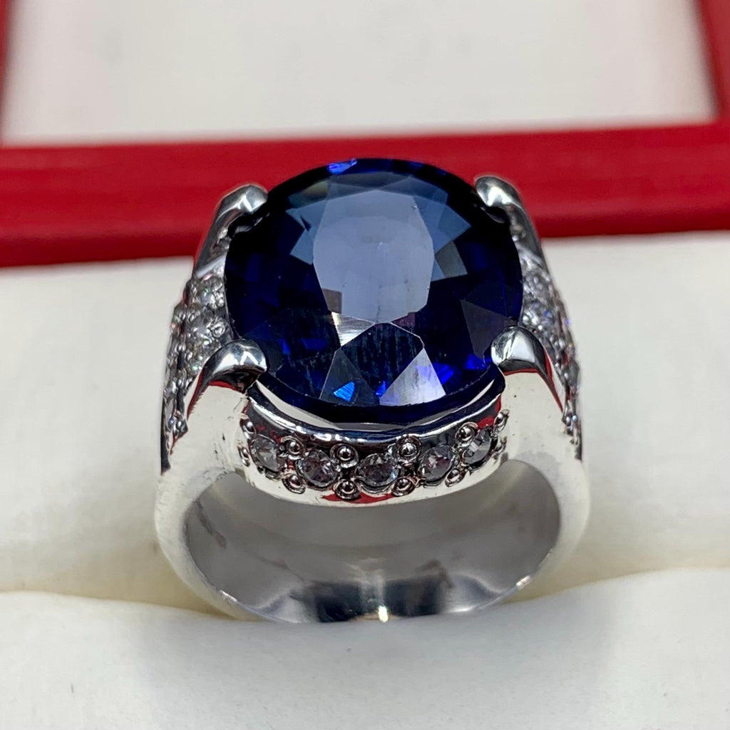 Handcrafted Big Blue Sapphire Ring, Mens Sapphire Ring, Sapphire 925 Sterling Silver Ring, Neelam Ring