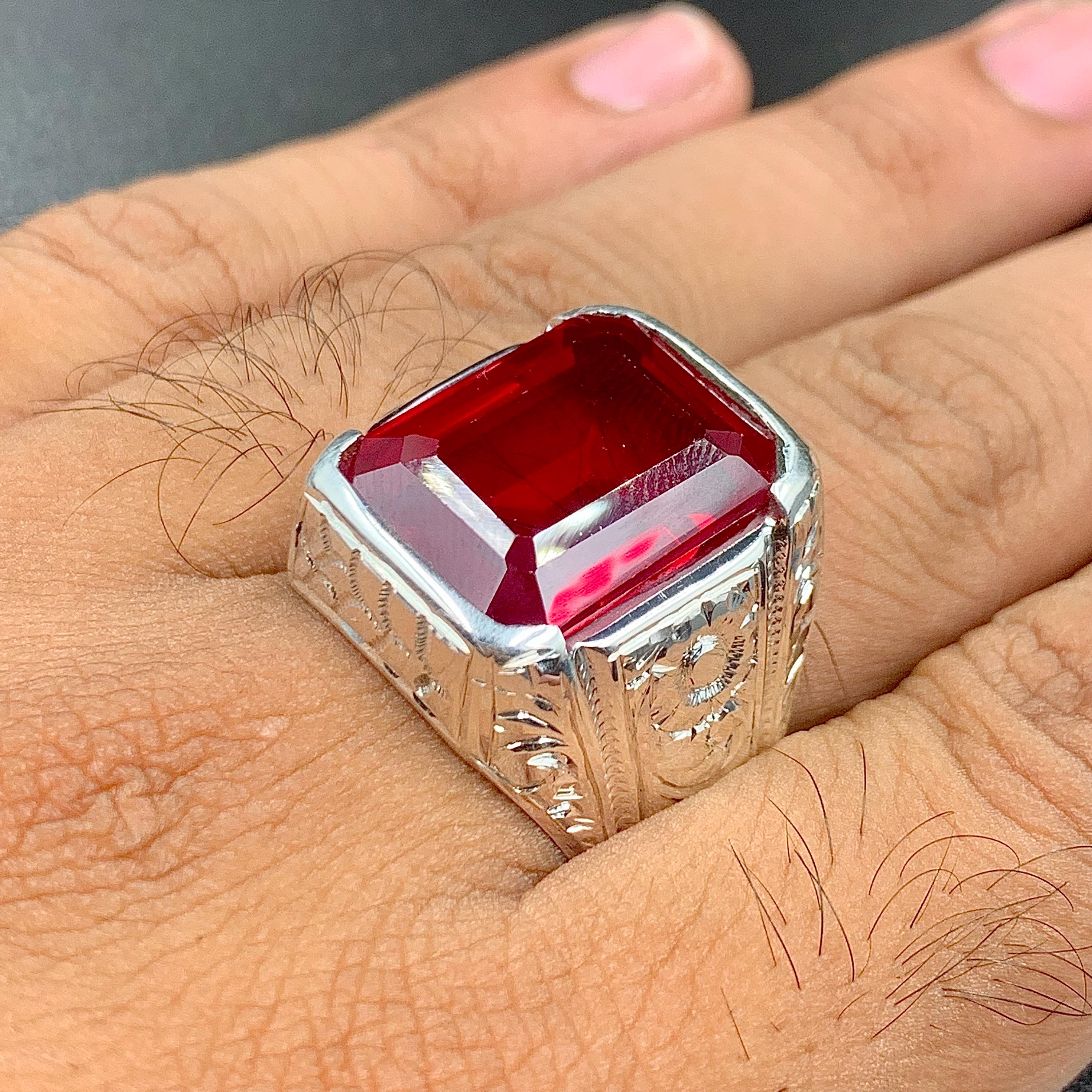 Handcrafted Emerald Cut Red Ruby Mens Ring Sterling Silver 925 Anari Yaqoot Ring Roby Gemstone Ring