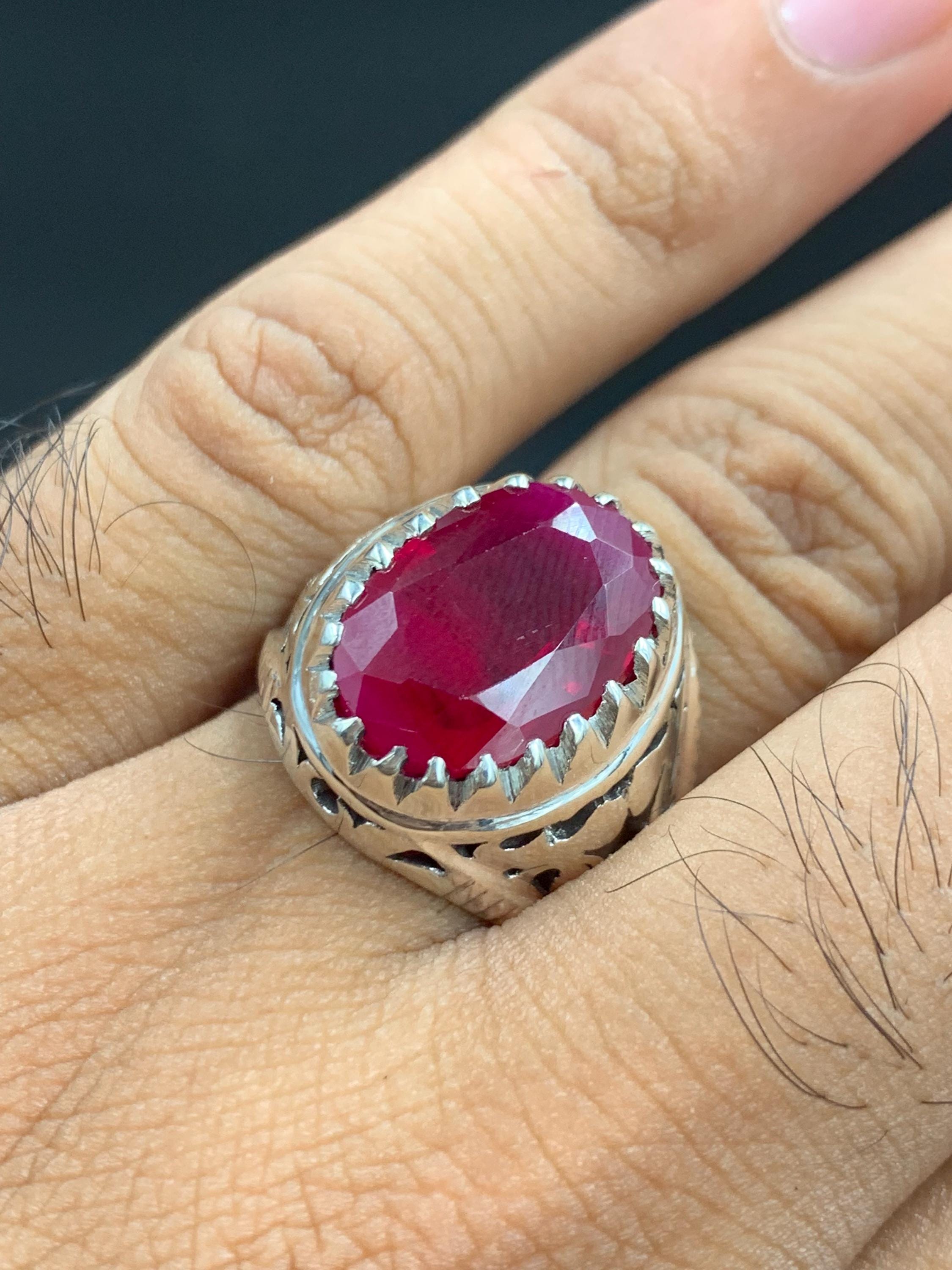 Handcrafted Big Deep Red Ruby Mens Ring Sterling Silver 925 Anari Yaqoot Ring Roby Gemstone Ring
