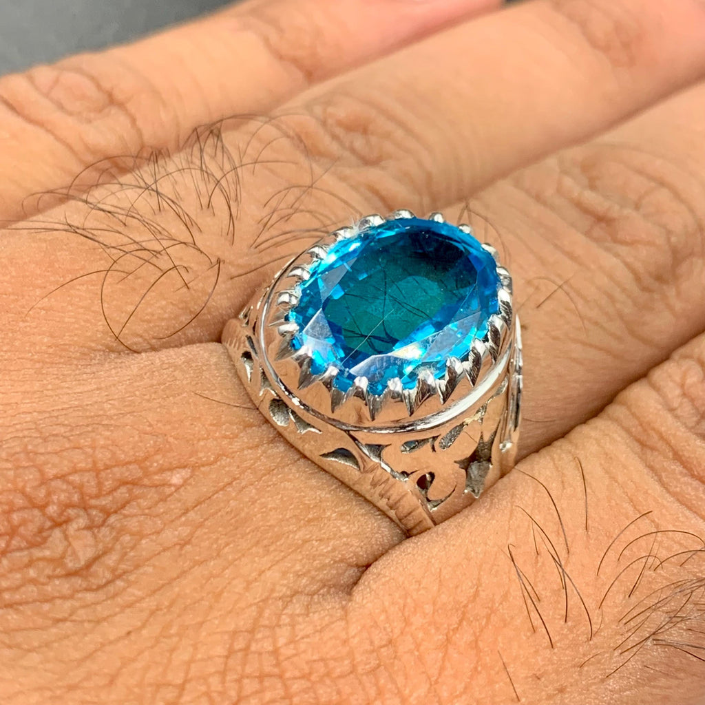 Handcrafted Blue Topaz Ring For Men, 925 Sterling Silver Topaz Stone Ring, Man Made Topaz Ring