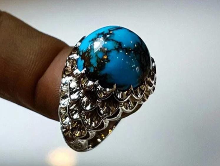 Handcrafted Big Turquoise Ring, 925 Sterling Silver For Men, Natural Shajri Feroza Ring, Shia Ring