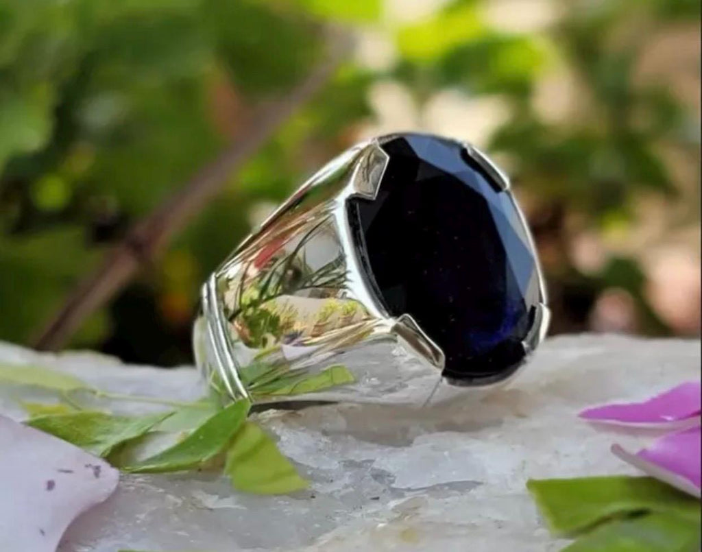 Handcrafted Big Blue Sapphire Ring, Mens Sapphire Ring, Natural Sapphire 925 Sterling Silver Ring, Neelam Ring