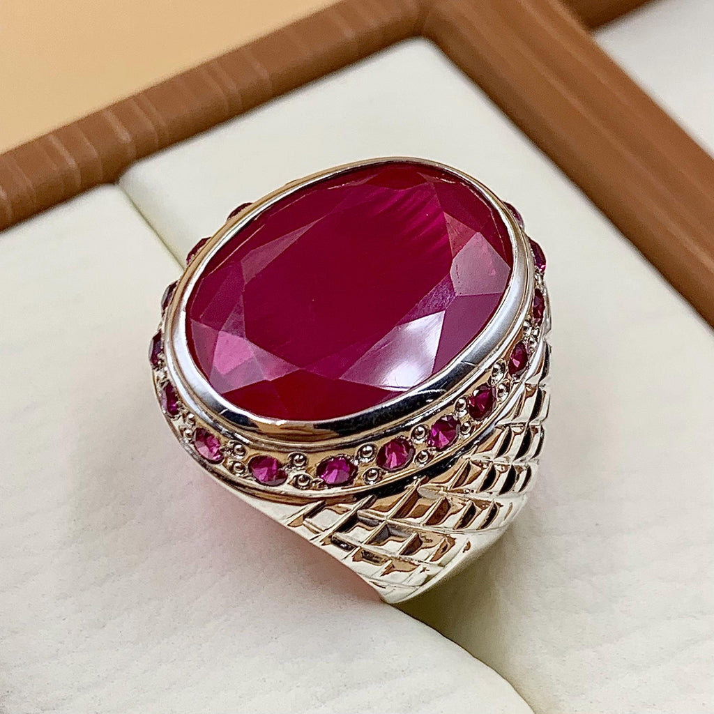 Handcrafted Big Deep Red Ruby Mens Ring Sterling Silver 925 Anari Yaqoot Ring Roby Gemstone Ring