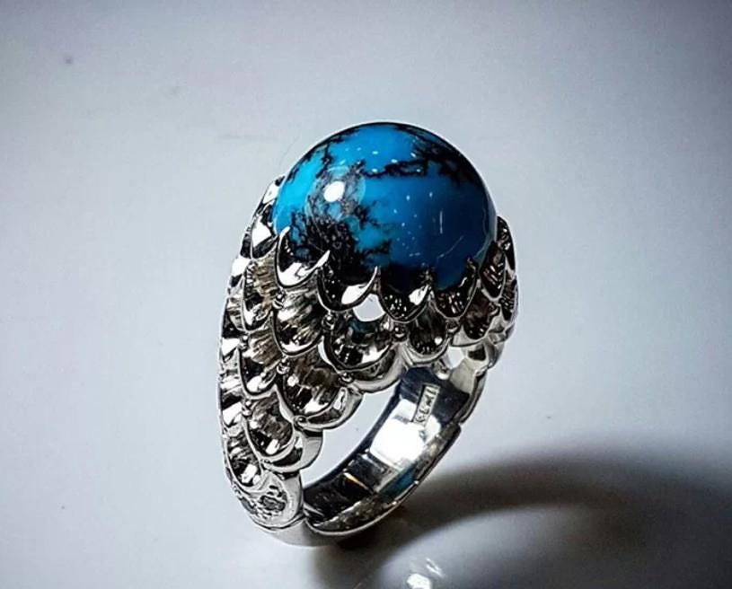 Handcrafted Big Turquoise Ring, 925 Sterling Silver For Men, Natural Shajri Feroza Ring, Shia Ring